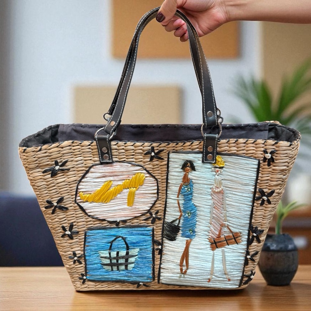 Stylish Woven Tote Bag with colorful embroidery work. Zipper Top Closure